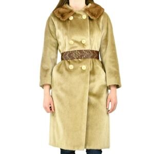 50s Vintage Tan Faux Fur Coat Womens M Real Fur Collar Double Breasted Swing